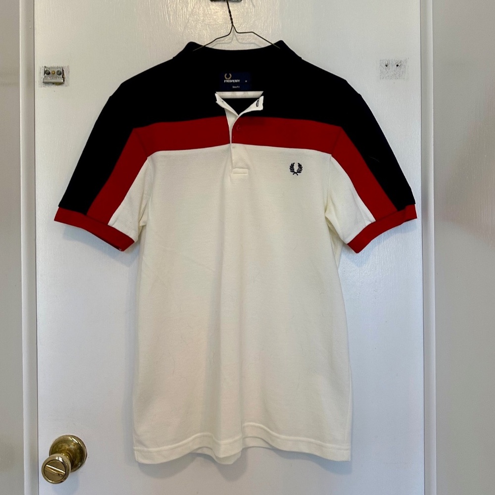 Fred Perry Men's red white and blue polo shirt (M)